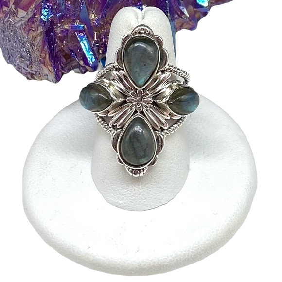 Jewelry - Blue Fire Flash Labradorite Ring Size 7.5 Solid Sterling Silver 925 Statement
